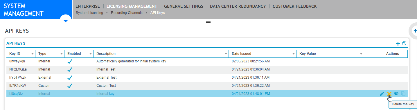 Delete selected API key