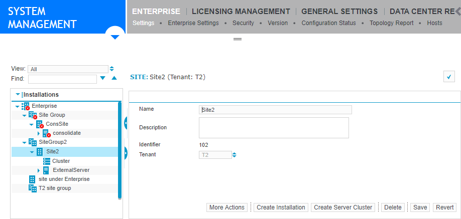 Site settings screen